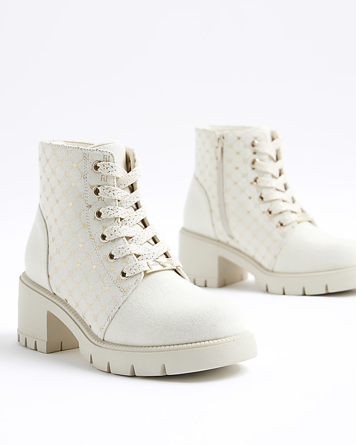 Girls Cream Canvas Monogram Heeled Boots