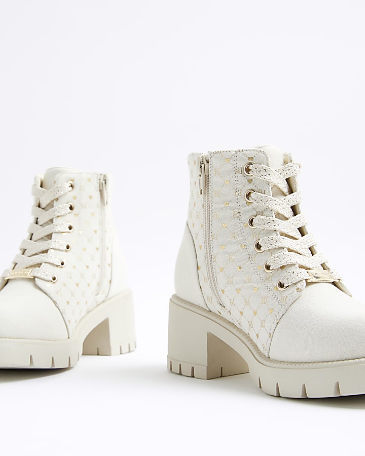 Girls Cream Canvas Monogram Heeled Boots