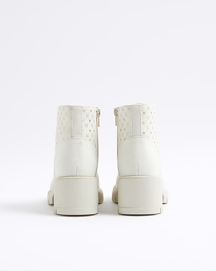 Girls Cream Canvas Monogram Heeled Boots