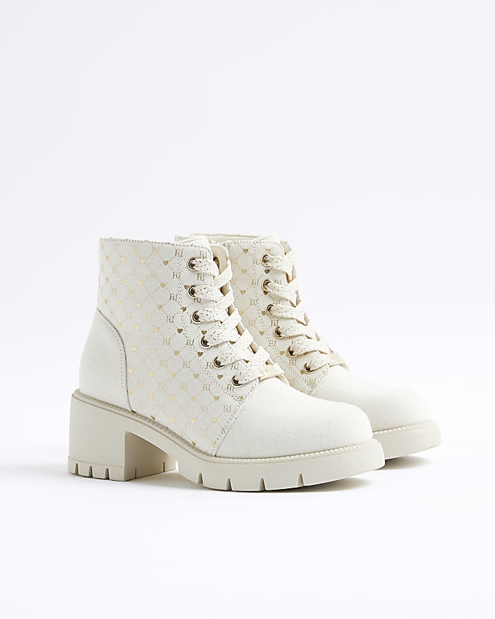 Girls Cream Canvas Monogram Heeled Boots
