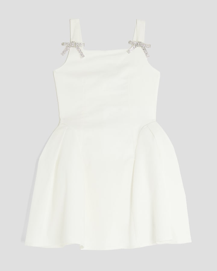 Girls White Diamante Bow Skater Dress