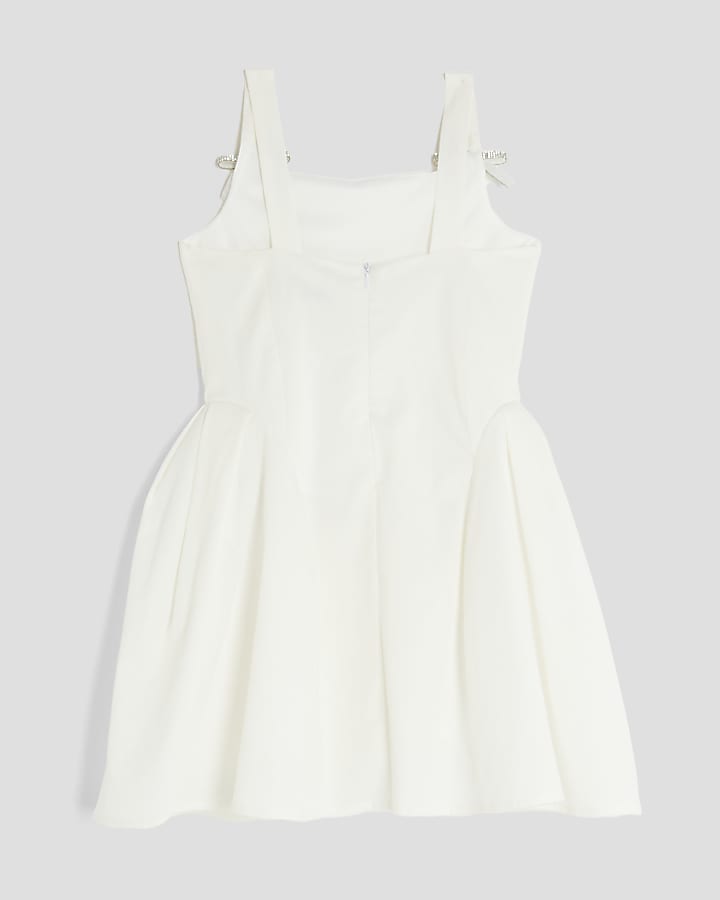 Girls White Diamante Bow Skater Dress