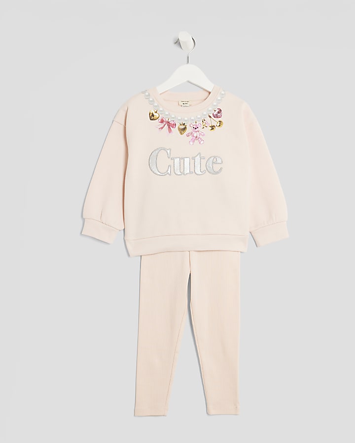Mini Girls Pink Cute Necklace Sweatshirt Set