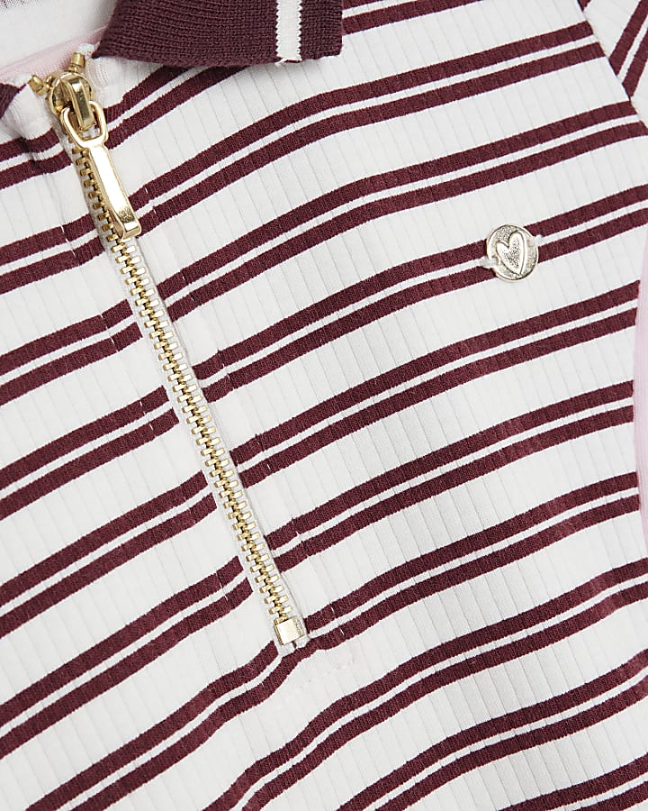 Girls Red Rib Striped Zip Polo Dress