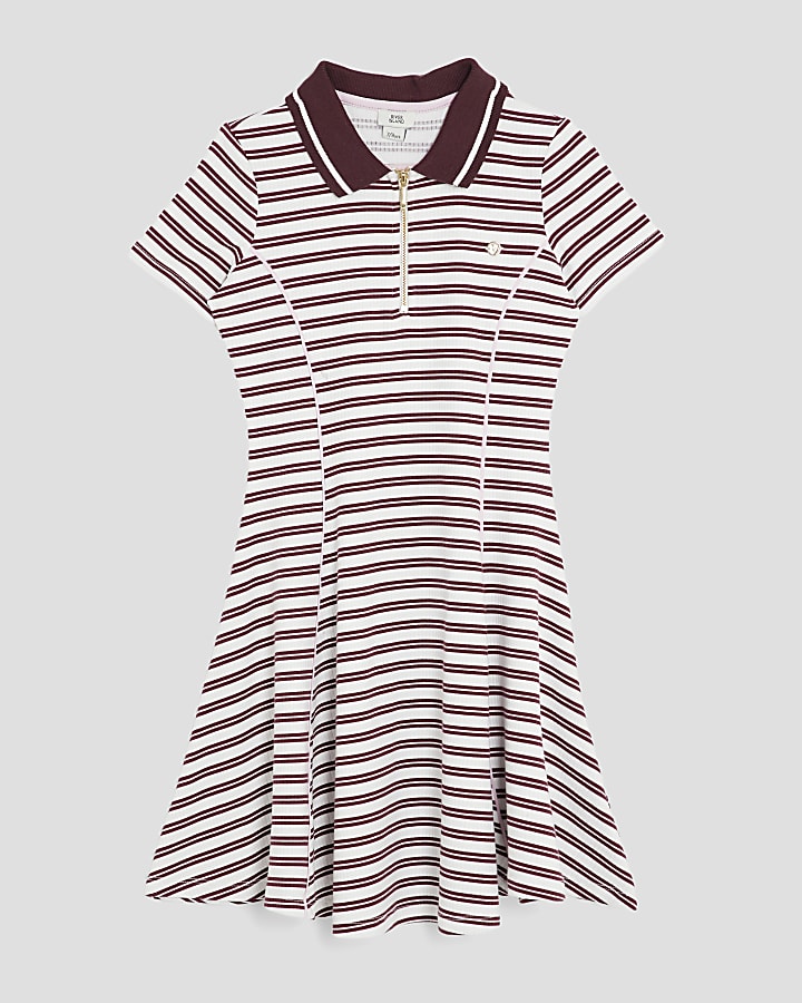 Girls Red Rib Striped Zip Polo Dress