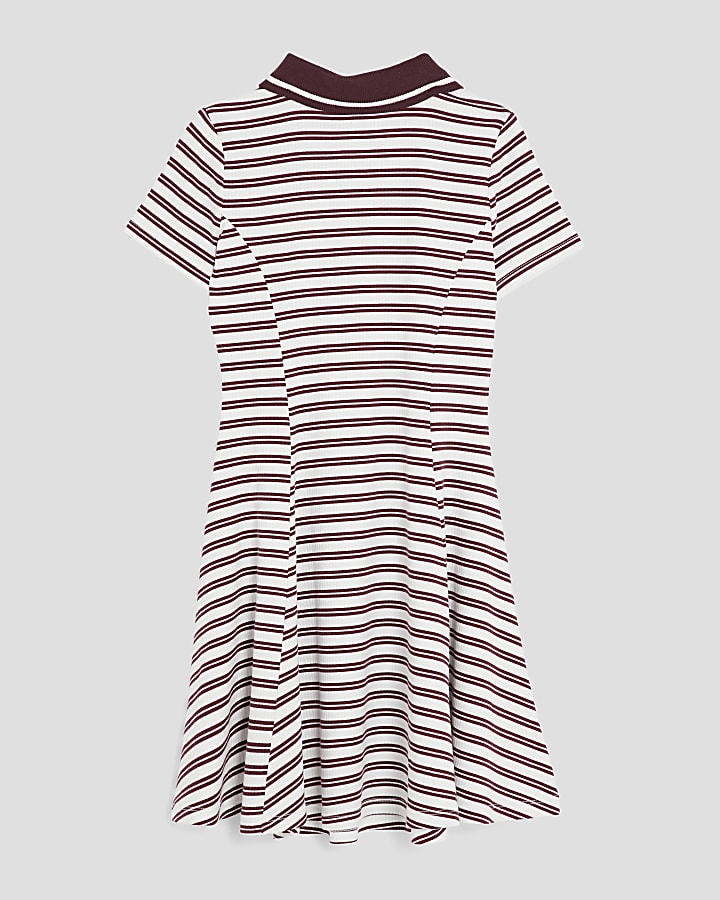 Girls Red Rib Striped Zip Polo Dress