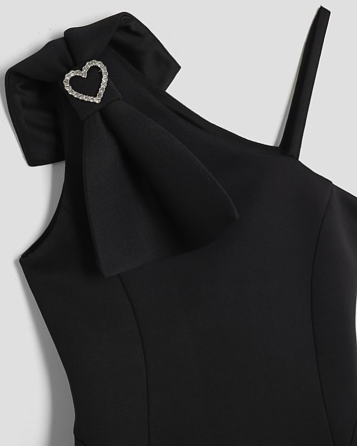 Girls Black One Shoulder Bow Skater Dress