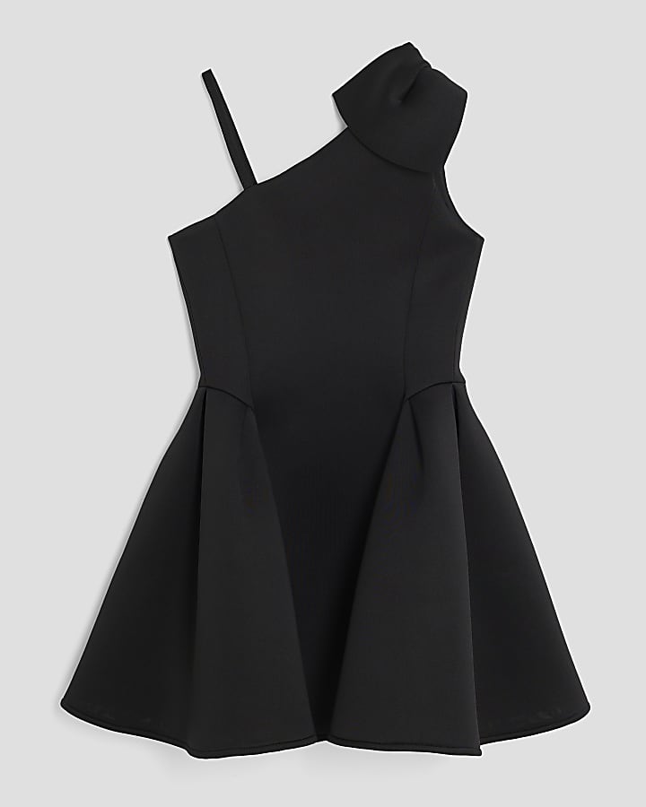Girls Black One Shoulder Bow Skater Dress