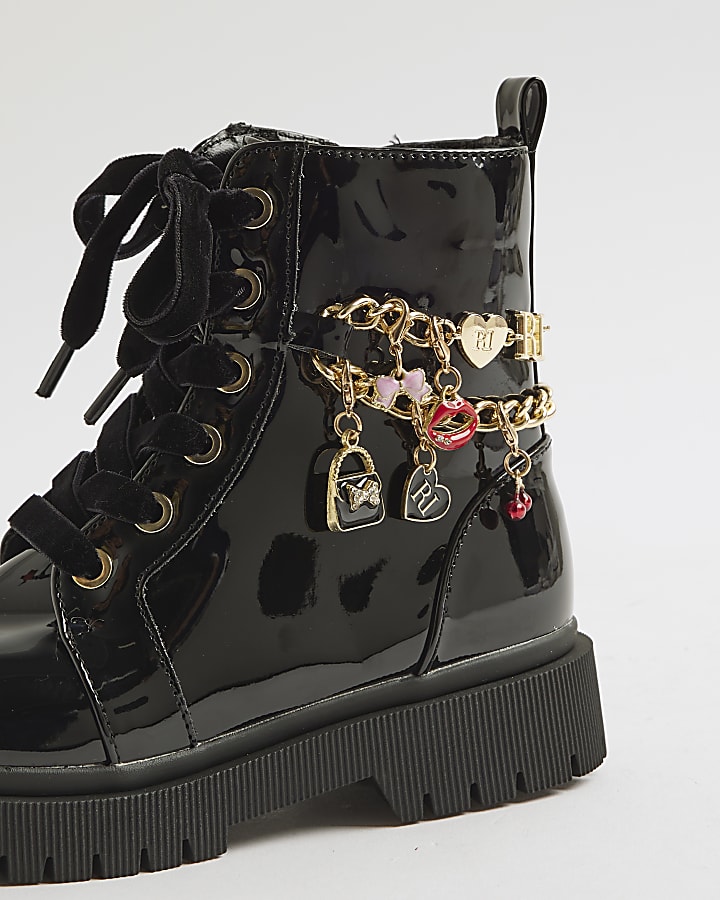 Girls Black Chain Charm Boots