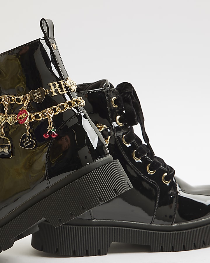 Girls Black Chain Charm Boots