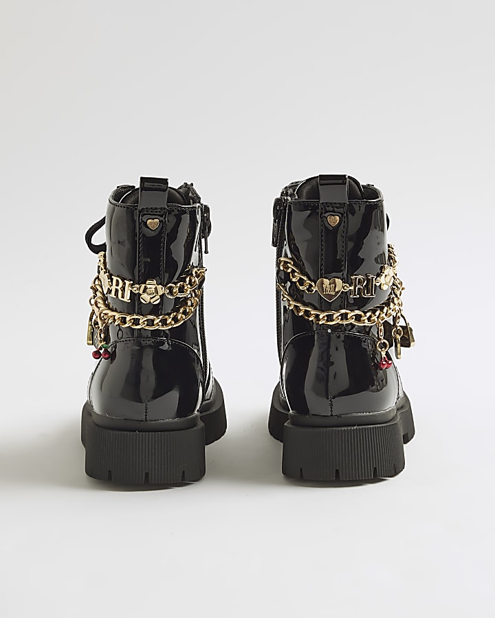 Girls Black Chain Charm Boots
