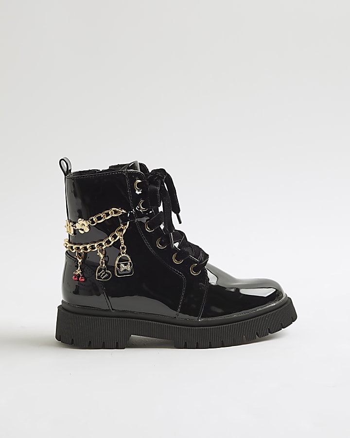 Girls Black Chain Charm Boots
