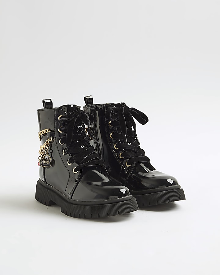 Girls Black Chain Charm Boots