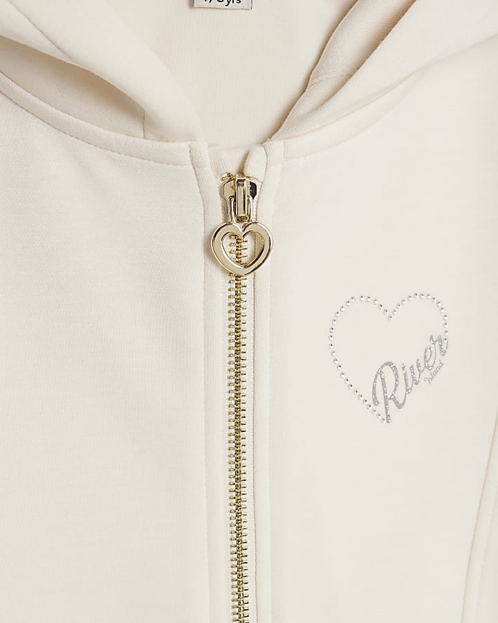 Girls Cream Premium Zipped Hoodie Set