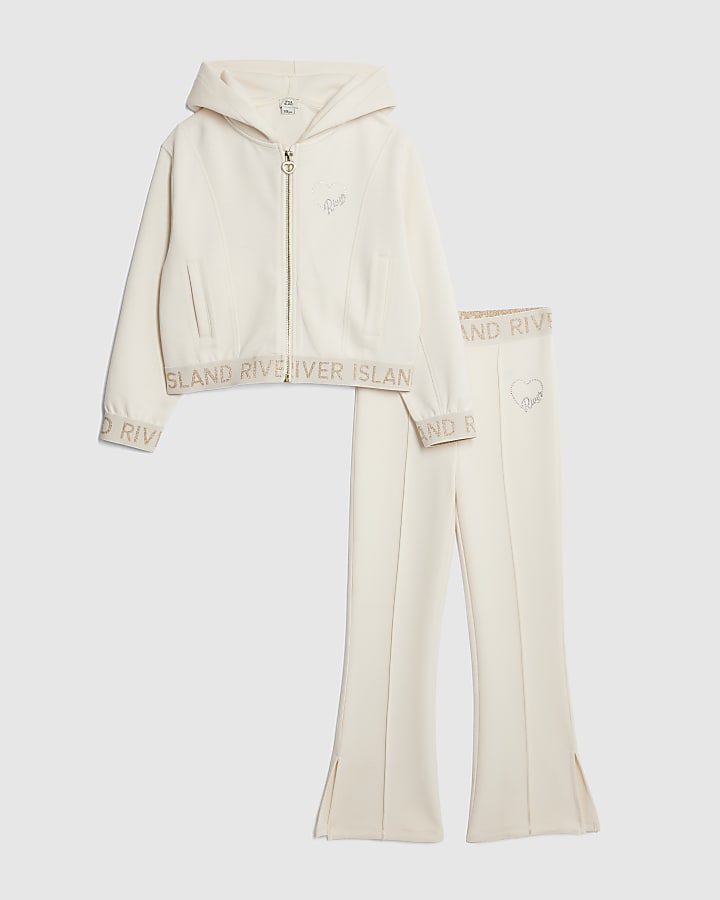 Girls Cream Premium Zipped Hoodie Set