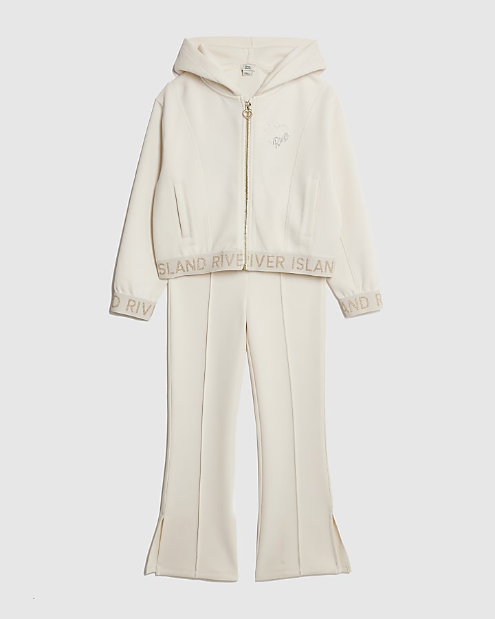 Girls Cream Premium Zipped Hoodie Set
