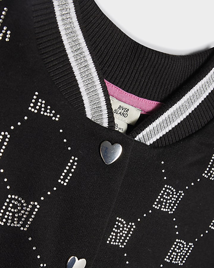 Girls Black Embellished Bomber Jacket Set