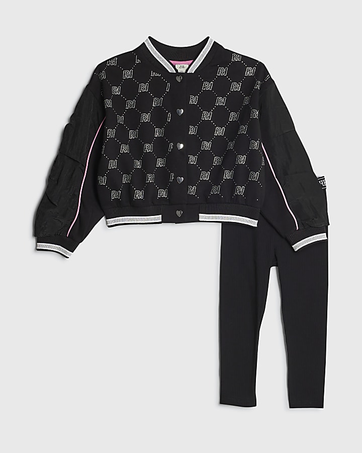 Girls Black Embellished Bomber Jacket Set
