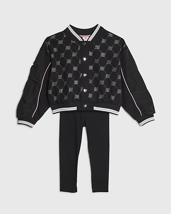 Girls Black Embellished Bomber Jacket Set