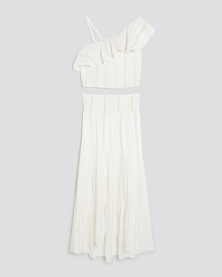 Girls Cream Shimmer Maxi Skirt Set