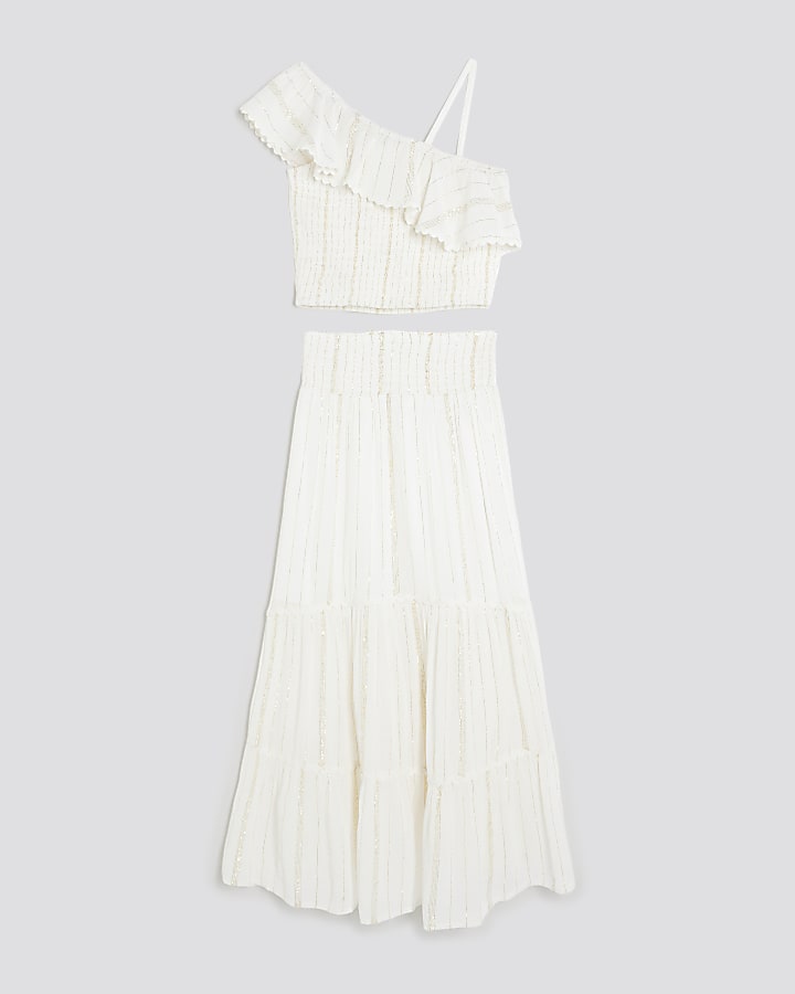 Girls Cream Shimmer Maxi Skirt Set