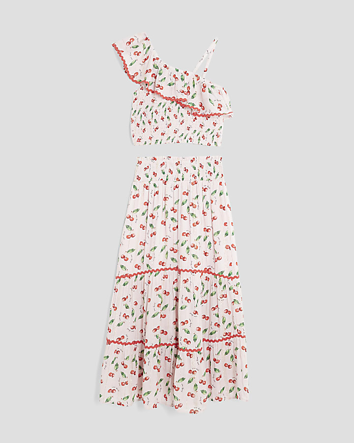 Girls Pink Cherry Maxi Skirt Set
