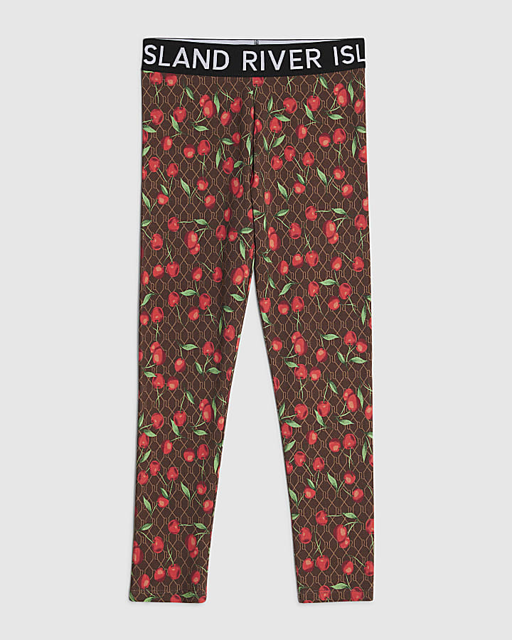 Girls Brown RI Monogram Cherry Leggings