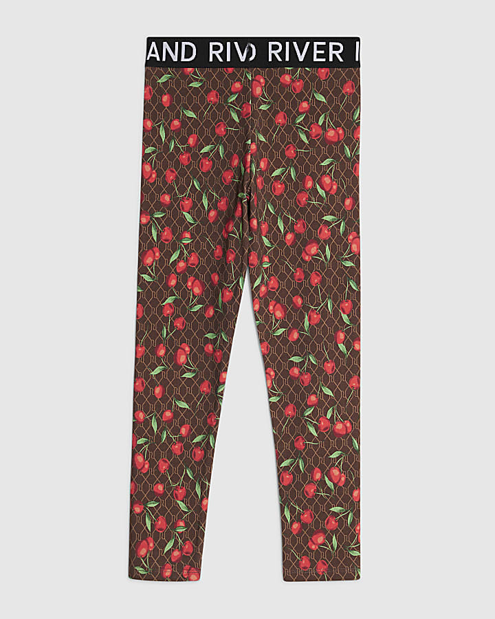 Girls Brown RI Monogram Cherry Leggings