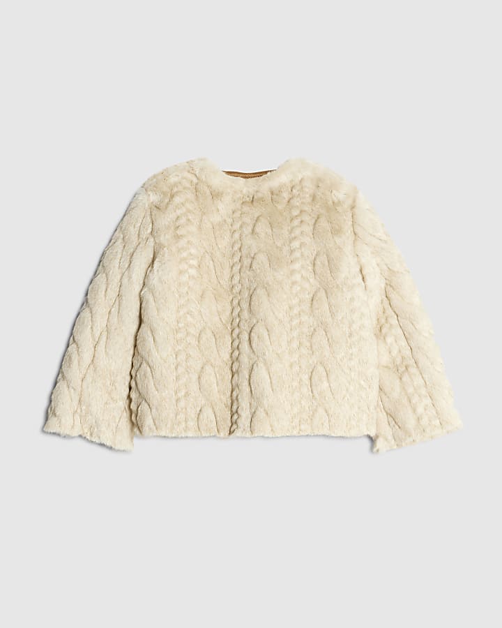 Mini Girls Cream faux fur cable jacket