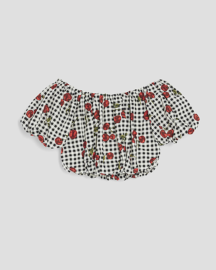 Girls Black Gingham Cherry Crop Top