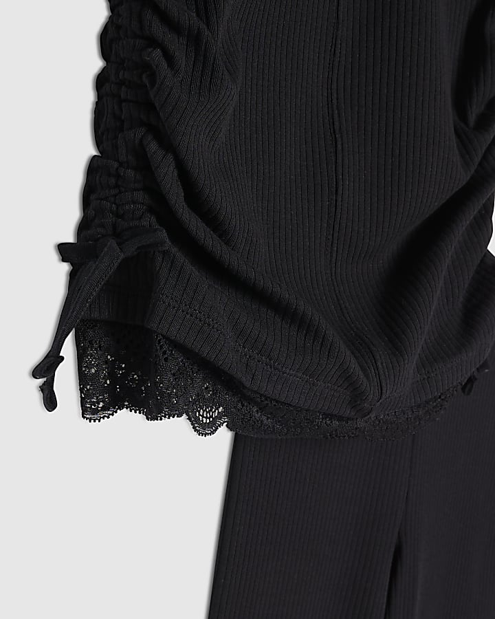 Girls Black Ruched Ribbed Leggings Set
