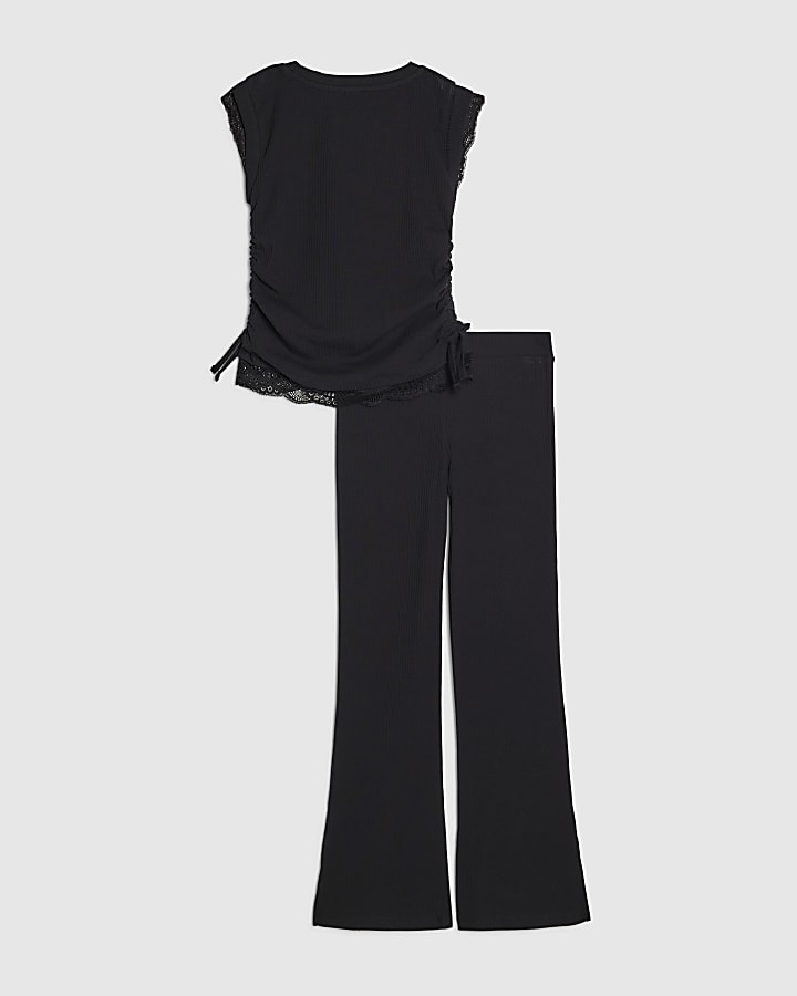 Girls Black Ruched Ribbed Leggings Set