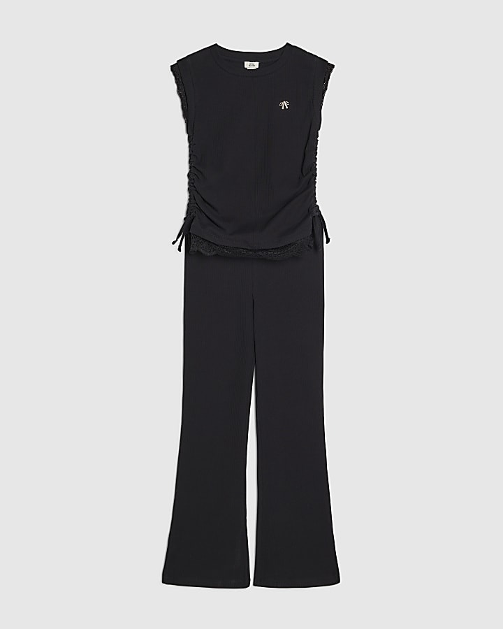 Girls Black Ruched Ribbed Leggings Set