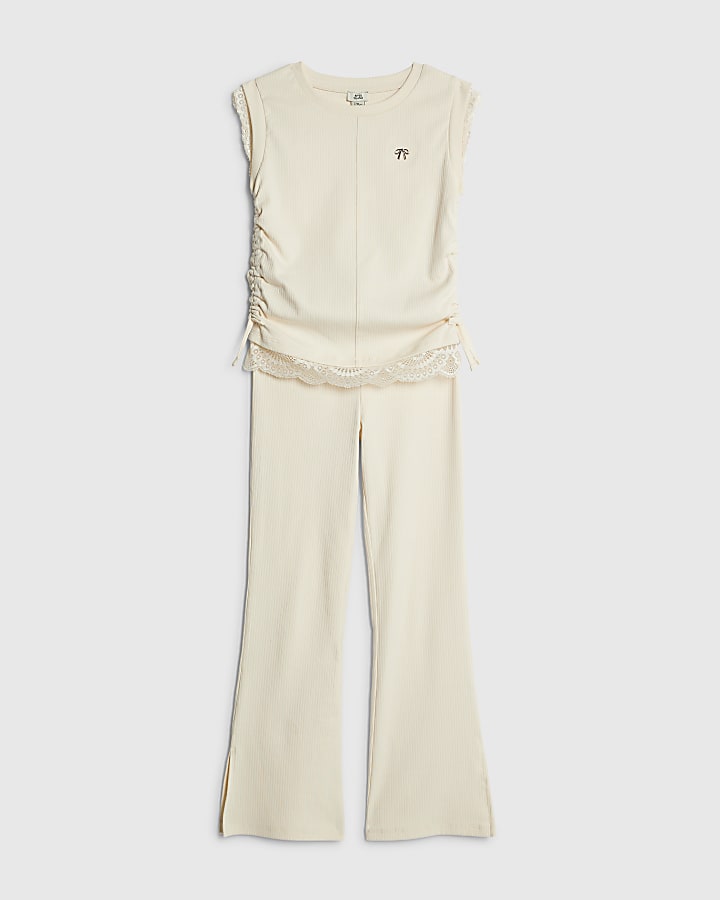 Girls Cream Ruched Ribbed Leggings Set