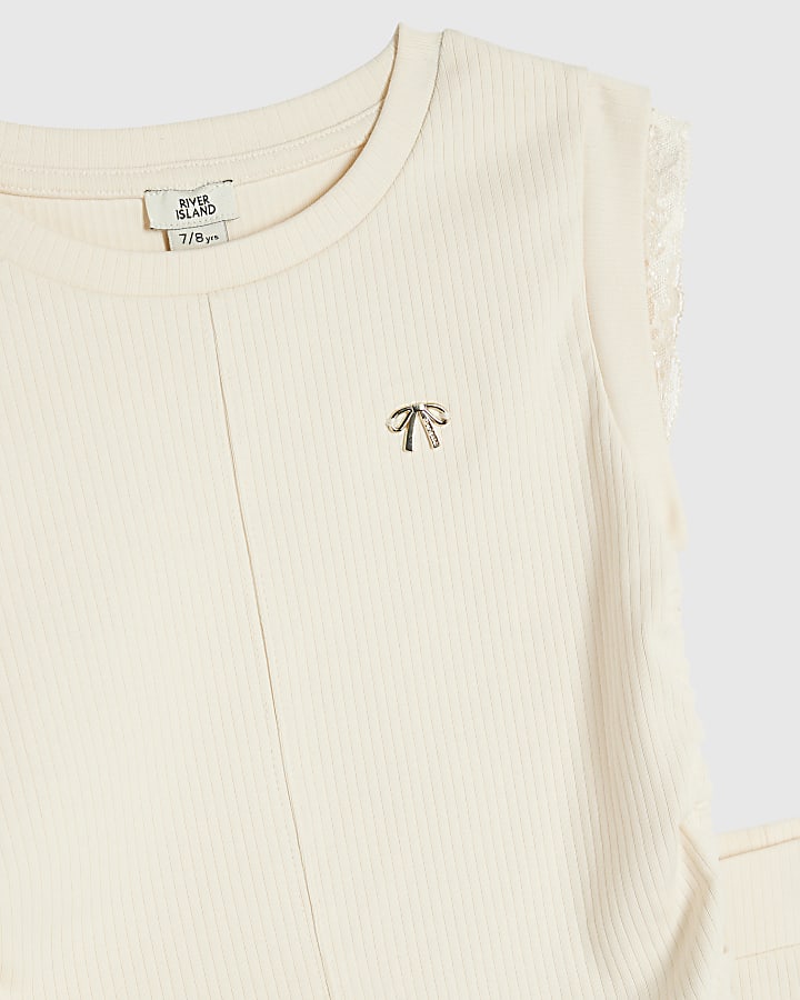 Girls Cream Ruched Ribbed Leggings Set