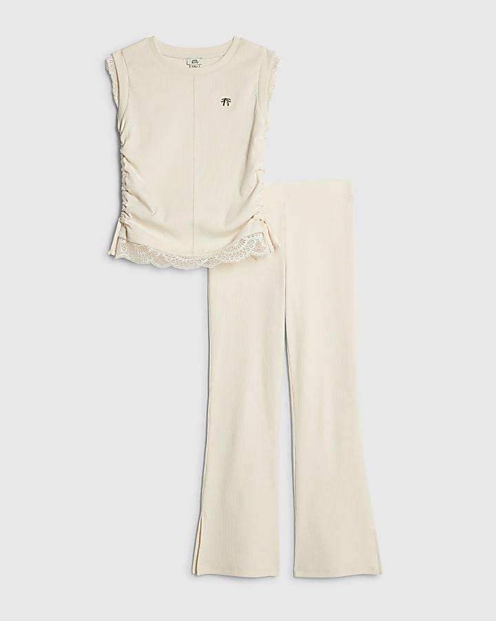 Girls Cream Ruched Ribbed Leggings Set
