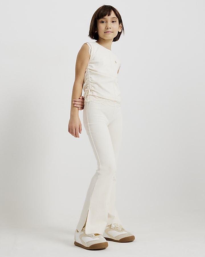 Girls Cream Ruched Ribbed Leggings Set