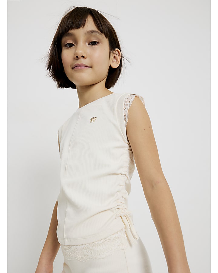 Girls Cream Ruched Ribbed Leggings Set