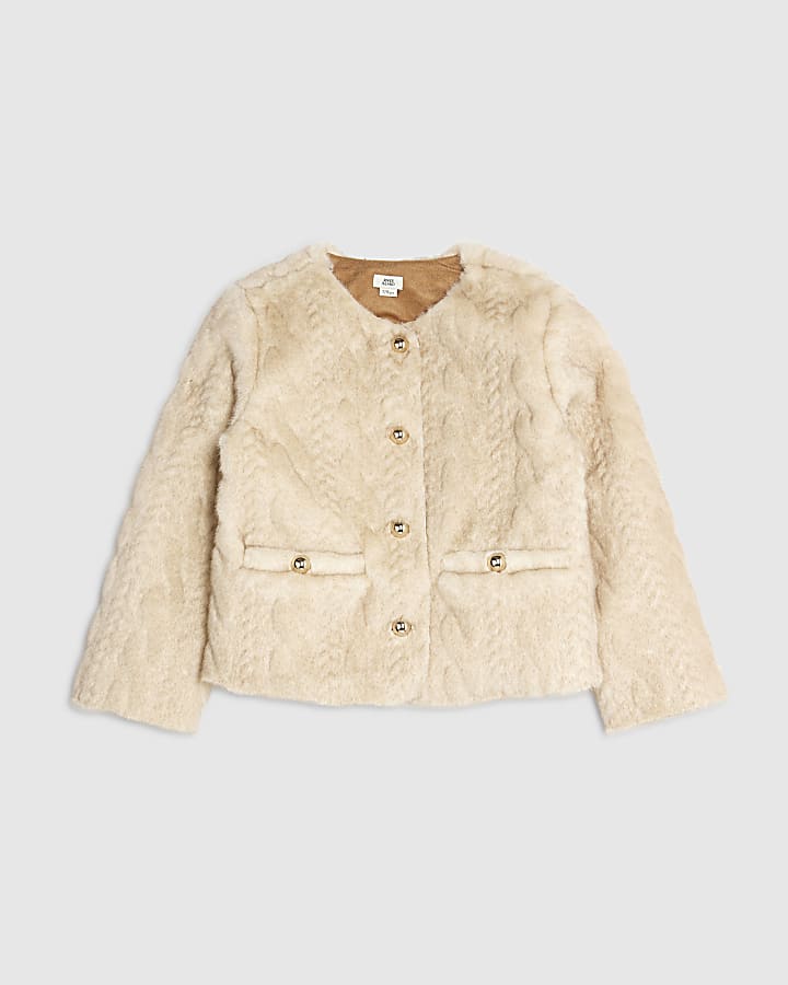 Girls Cream Faux Fur Jacket