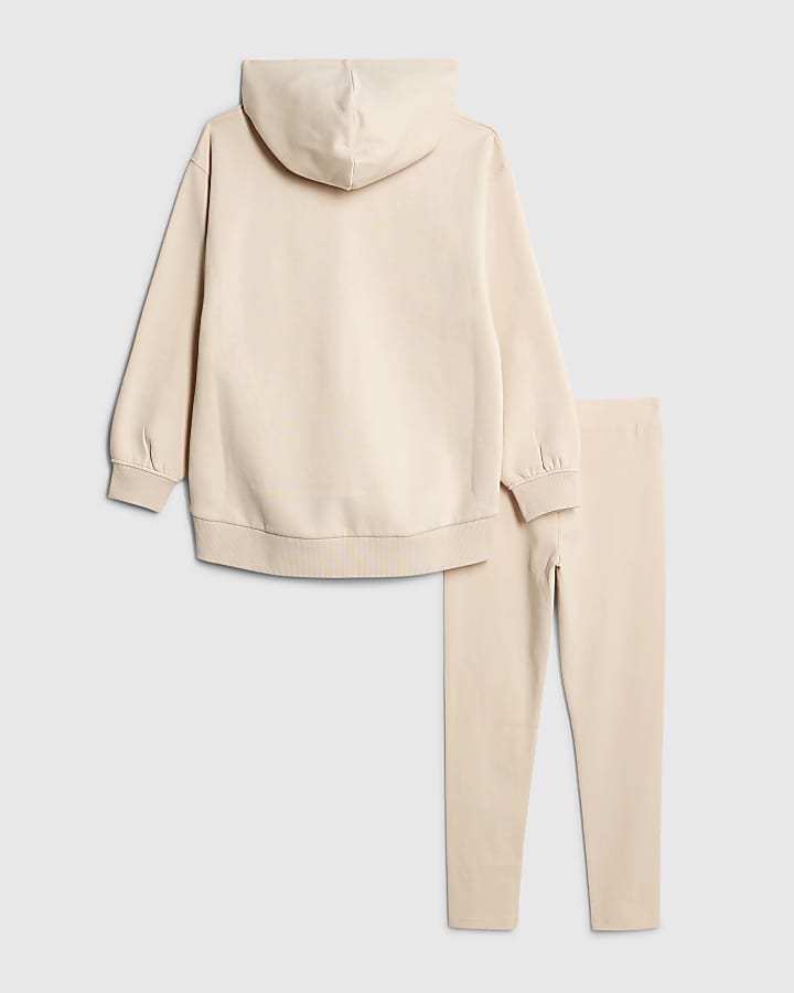 Girls Beige Hoodie And Leggings Set