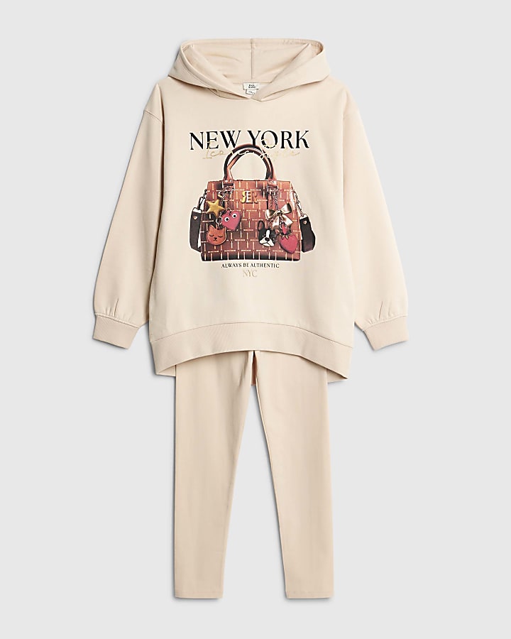 Girls Beige Hoodie And Leggings Set