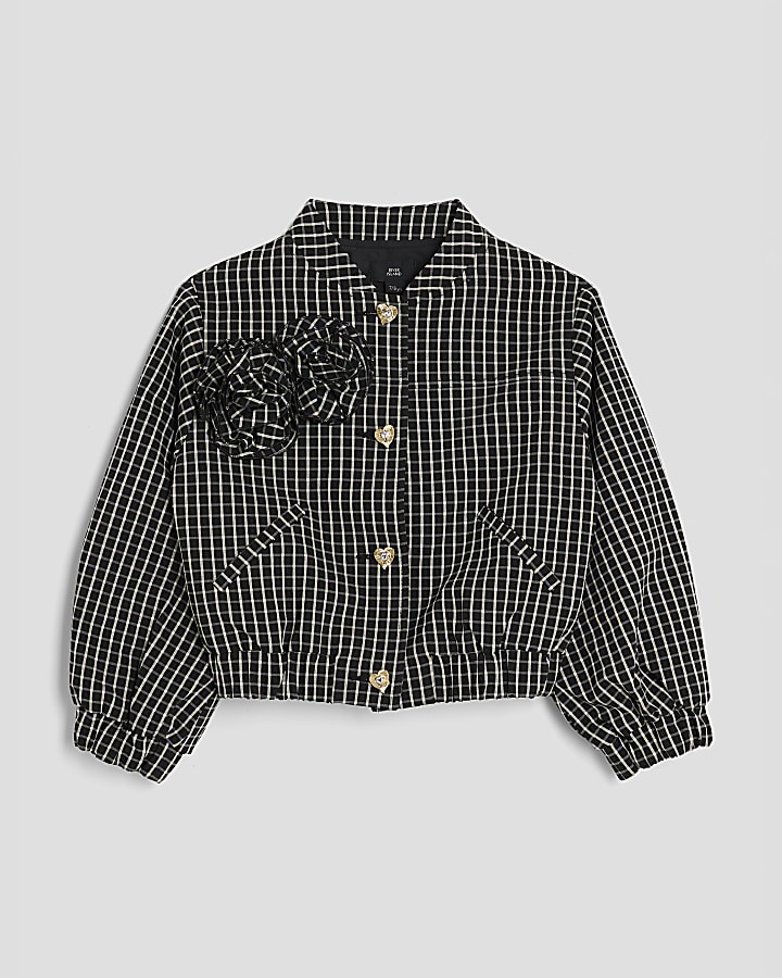 Girls Black Check Bomber Jacket