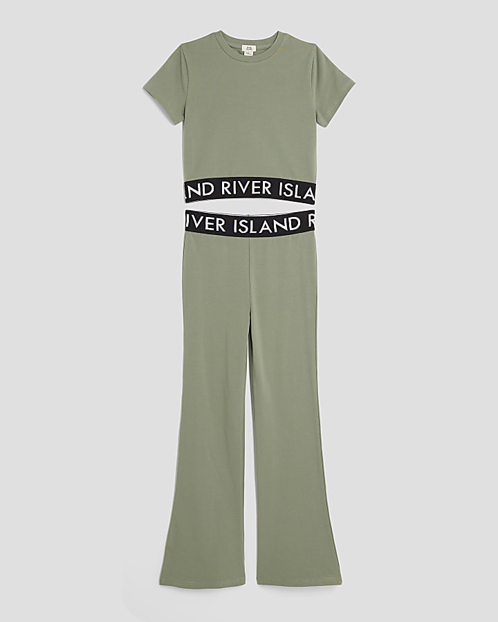 Girls Khaki T-shirt And Flared Leggings Set