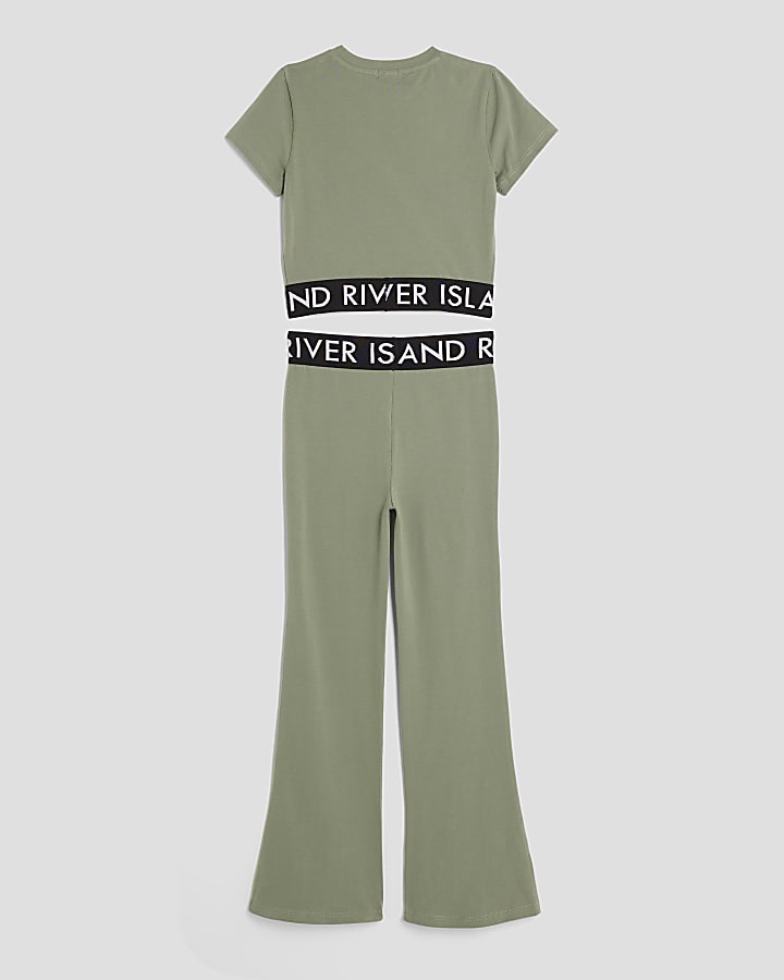 Girls Khaki T-shirt And Flared Leggings Set
