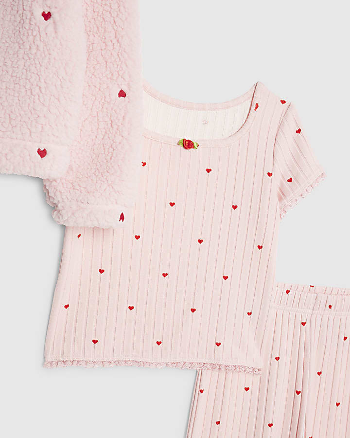 Girls Pink Heart Hoodie Pyjamas 3 Piece Set