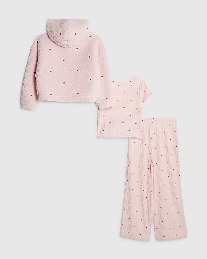 Girls Pink Heart Hoodie Pyjamas 3 Piece Set