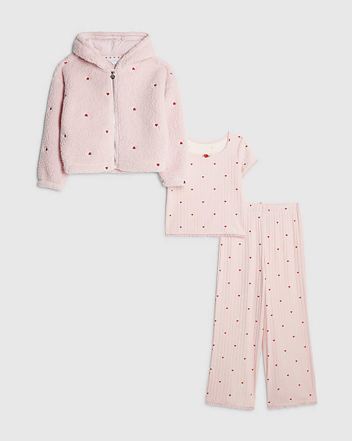 Girls Pink Heart Hoodie Pyjamas 3 Piece Set