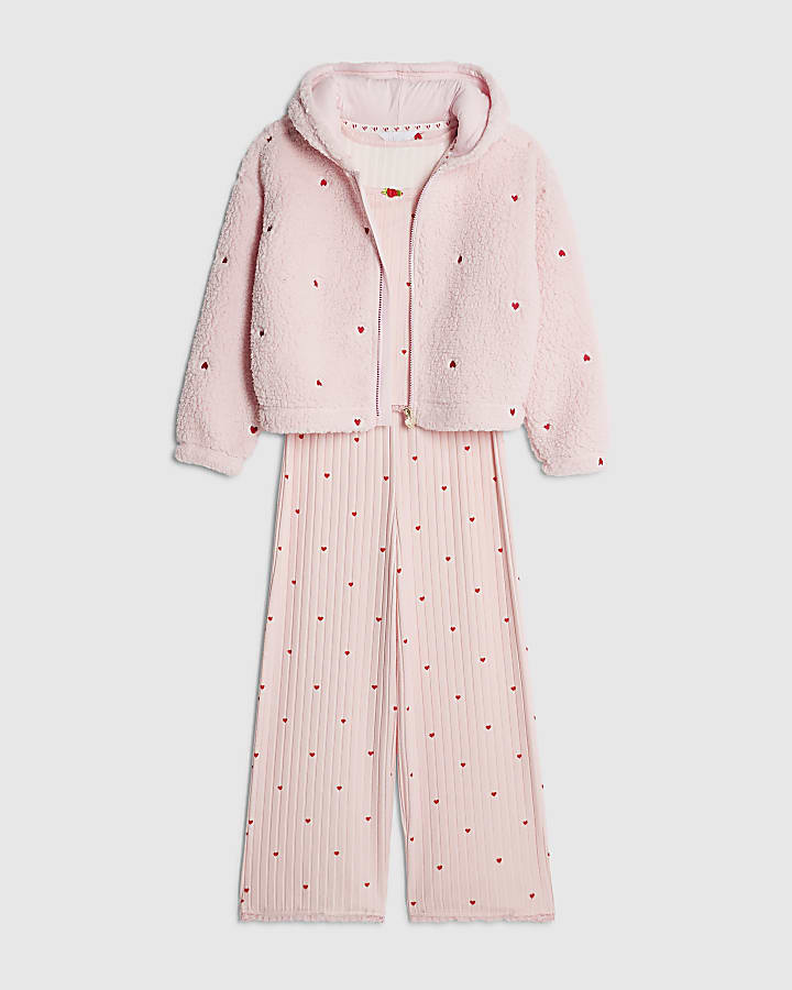 Girls Pink Heart Hoodie Pyjamas 3 Piece Set