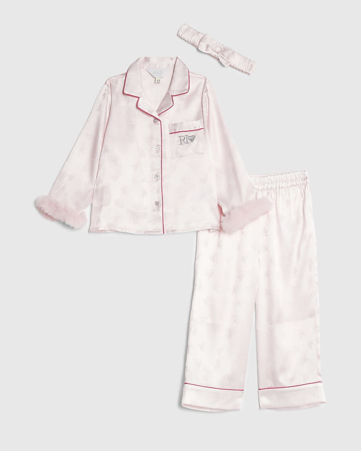Mini Girls Pink Fur Cuff Satin Pyjamas Set