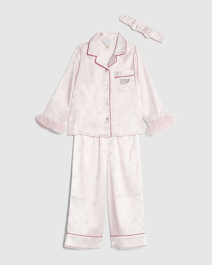 Mini Girls Pink Fur Cuff Satin Pyjamas Set